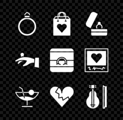 Sticker - Set Diamond engagement ring, Shopping bag with heart, Wedding rings, Cocktail, Broken or divorce, Violin, hand and icon. Vector