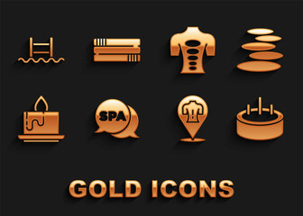 Poster - Set Spa salon, Stack hot stones, Swimming pool with ladder, Massage, Aroma candle, therapy, and Towel stack icon. Vector