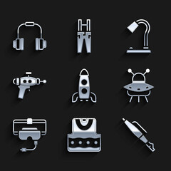 Canvas Print - Set Rocket ship, Waistcoat, Fountain pen nib, UFO flying spaceship, Virtual reality glasses, Ray gun, Table lamp and Headphones icon. Vector