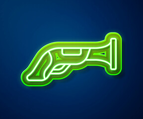 Poster - Glowing neon line Vintage pistol icon isolated on blue background. Ancient weapon. Vector