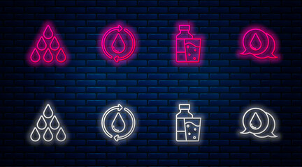 Sticker - Set line Recycle clean aqua, Bottle of water with glass, Water drop and . Glowing neon icon on brick wall. Vector