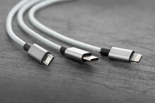 Three types of peripheral connections and charging  or data cables. Concept EU rules to change universal charge plug to USB C