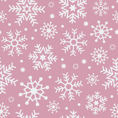 Wall Mural - Pink snowflake seamless vector pattern. White snowflakes on a pastel background. Christmas themed, festive, winter holiday print.