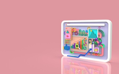 Mobile application software and web development with 3d shapes bar chart infographic rendering
