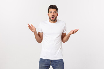 Wall Mural - man screaming mouth open, hold head hand, wear casual white shirt, isolated white background, concept face emotion