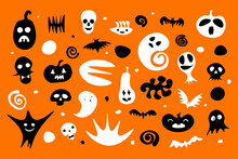Happy Halloween Set. Hand-drawn Black White Ghost, Pumpkin, Skeleton, Skulls On Orange Background. Cute Scary Horror Characters Banner For Fall Holidays, Day Of The Dead. Vector Cartoon Illustration