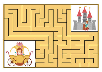 Fairytale maze for kids with fantasy characters. Magic kingdom preschool printable activity with carriage and castle. Fairy tale geometric labyrinth game or puzzle. Help princess get to prince.