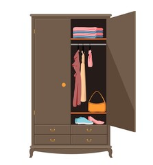 Wall Mural - Open wardrobe. Wardrobe with neat clothes, shirts, sweaters, dresses and shoes. Home interior. Flat design vector illustration.