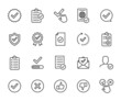 Vector set of approved line icons. Contains icons accepted document, approved and rejected, checklist, warranty, stamp, quality control and more. Pixel perfect.