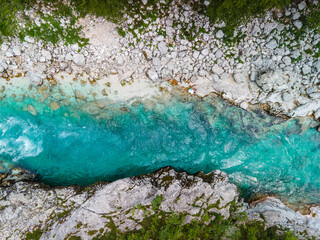 Sticker - Soca River in Slovenia, Triglav Park. Soca Valley Drone Top Down View
