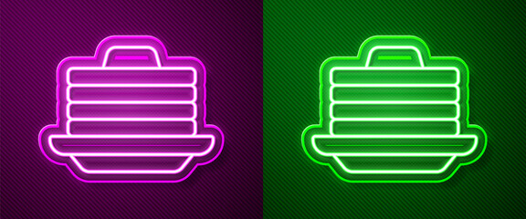 Sticker - Glowing neon line Stack of pancakes with honey icon isolated on purple and green background. Breakfast concept. Vector