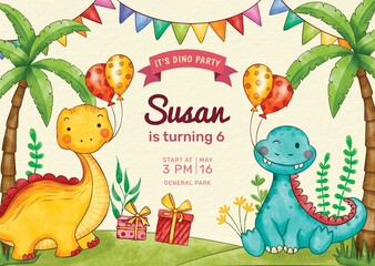 hand painted watercolor dinosaur birthday invitation vector design illustration