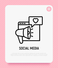Wall Mural - social media thin line icon: bullhorn, speech bubble with heart on web page. modern vector illustrat