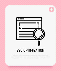Wall Mural - seo optimization thin line icon, magnifying glass on web page. modern vector illustration.