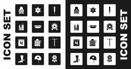 Sticker - Set Baseball bat, Hotdog sandwich, City landscape, Rocket launch from the spaceport, Medal with star, Hexagram sheriff, Pickaxe and Calendar date July 4 icon. Vector