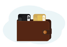 Illustration of wallet with plastic cards with bitcoin and dollar symbols