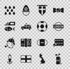 Poster - Set Golf bag with clubs, Double decker bus, London sign, England flag pennant, Taxi car, Fish chips, Water drop and Football ball icon. Vector