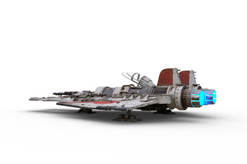 Wall Mural - Rear perspective 3D rendering of a science fiction fantasy fighter jet powered space ship parked on the ground isolated on a white background.