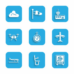 Poster - Set Barometer, Airplane seat, Radar with targets on monitor, Plane, Drone flying, Airport control tower and Cloud weather icon. Vector