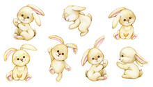 Bunnies, Watercolor Animals, In Cartoon Style, On An Isolated Background. Set Of Rabbits.
