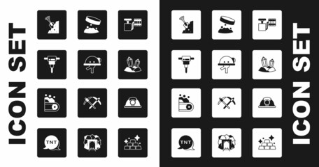 Wall Mural - Set Handle detonator, Miner helmet, Construction jackhammer, Shovel stone, Gem, Giant magnet holding iron dust, and Conveyor belt carrying coal icon. Vector