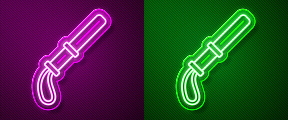 Poster - Glowing neon line Police rubber baton icon isolated on purple and green background. Rubber truncheon. Police Bat. Police equipment. Vector