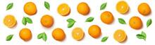 Fruit Pattern Arranged Of Oranges And Orange Leaves On White Background. Lay Out Background.