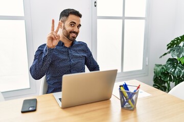 Poster - Young hispanic man with beard working at the office with laptop smiling looking to the camera showing fingers doing victory sign. number two.