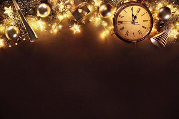 Wall Mural - New Years Eve holiday background with fir branches, clock, christmas balls, gift box and lights