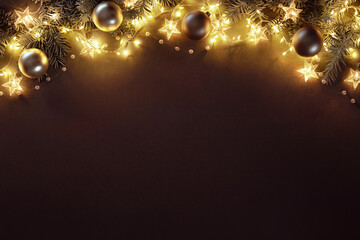 Wall Mural - christmas and new year background with fir branches, christmas balls and lights