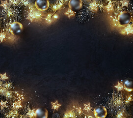 Wall Mural - christmas and new year background with fir branches, christmas balls and lights