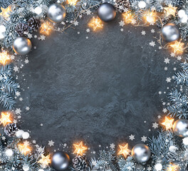 Wall Mural - christmas and new year background with fir branches, christmas balls and lights, snowflakes