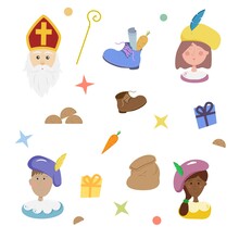 Set Of Dutch Holiday Sinterklaas Characters And Items. Vector Illustration For Saint Nicholas Day