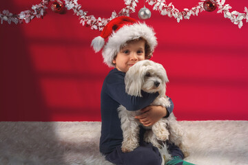 boy with christmas hat and decoration, hugging his little puppy