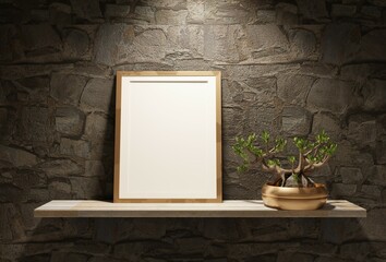 Wall Mural - Empty frame template on a wooden shelf with spotlight. Stone wall background. Poster for pictures and lettering. 3D rendering.