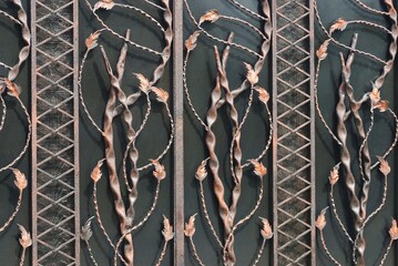 Canvas Print - metal texture of black iron wall with brown forged pattern