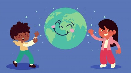 Wall Mural - happy little kids couple and earth planet