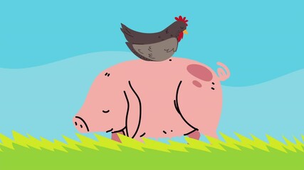 Wall Mural - farm lifestyle animation with pig and hen