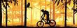 © Anna - Horizontal banner. Silhouette of mountain bike rider on meadow in forrest. Silhouette of biker, trees, grass. Magical misty landscape, fog. Orange, violet, pink illustration. Bookmark.