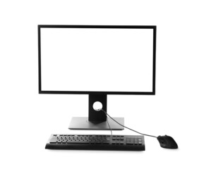 Modern computer with blank monitor screen and peripherals on white background