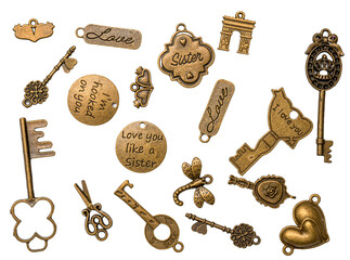 Wall Mural - Vintage Key And Brooch On White Background