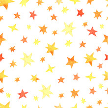 Watercolor Seamless Pattern, Stars In The Sky, Yellow Cosmic Stars, Children's Illustration Is Ideal For A Printer On Fabric And Paper