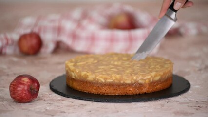 Wall Mural - Female hands cutting homemade apple pie.