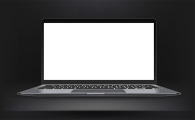 Fototapete - Dark interior with laptop with blank wide screen. Vector mockup