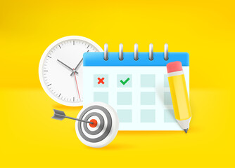 Poster - Time management concept. Paper calander, dart and clock