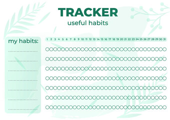 Modern tracker with green ellements. Planner useful habits