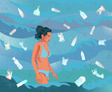 Fototapeta  - Młoda kobieta w stroju kąpielowym plastikowe butelki i reklamówki w  wodzie