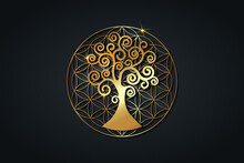 Tree Of Life And Flower Of Life, Gold Spiritual Mandala, Sacred Geometry. Bright Golden Symbol Of Harmony And Balance. Mystical Talisman, Luxury Round Logo Vector Isolated On Black Background 