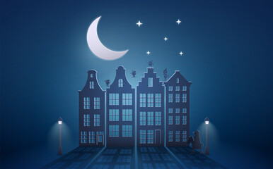 Wall Mural - Celebration Dutch holidays - Saint Nicholas or Sinterklaas in front of city at night - blue paper graphic