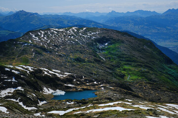 Poster - Brevent mountains. Amazing scenic view with beautiful Brevent Lake, Haute Savoie, French Alps, Chamonix, France